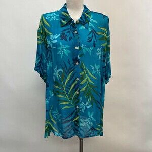 Avenue Women's Top Size 22 24 Blue Green Multicolor 100% Rayon Leaves Sheer